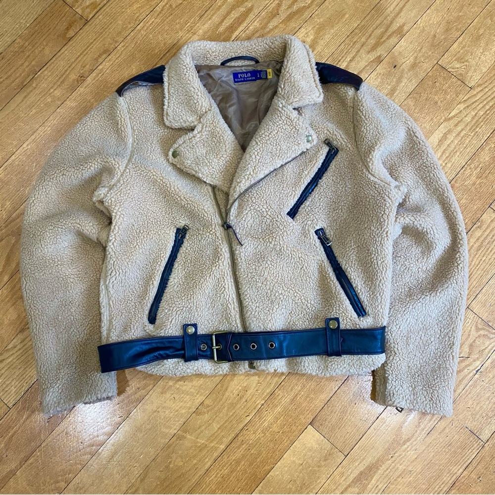 Polo by Ralph Lauren Beige and Black Sherpa Moto Biker Jacket Women’s Size Large - Picture 1 of 11